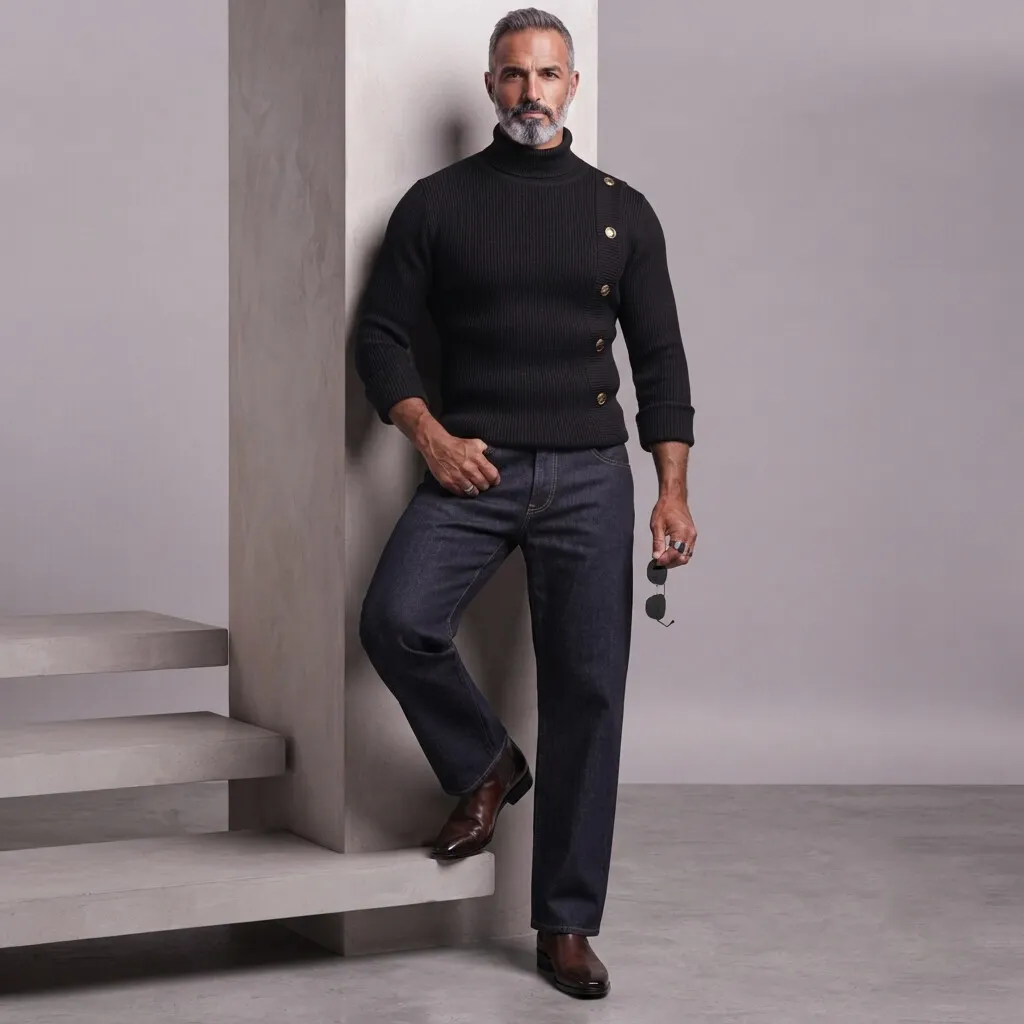 para hombre White Ribbed tejidoted Turtleneck Asymmetric Button Slim-Fit de manga larga camiseta