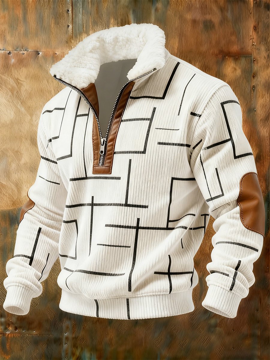 Sudadera retro geométrico Quarter Zip polar Neck para hombre