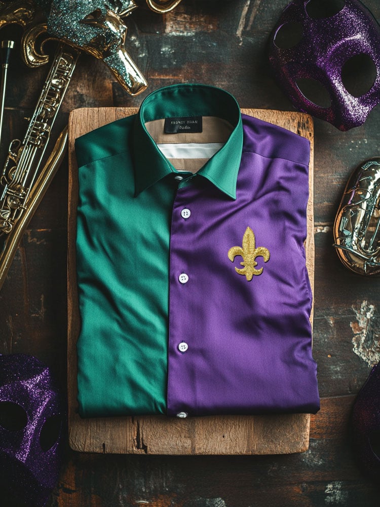 Camisa Purple Mardi Gras Theme de lujo de manga larga para hombre