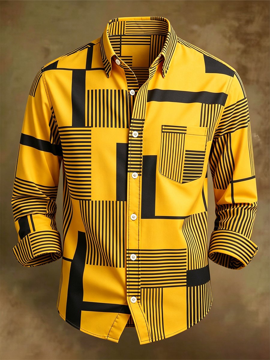 Camisa retro ejecutivo Bag House Geometric de manga larga para hombre