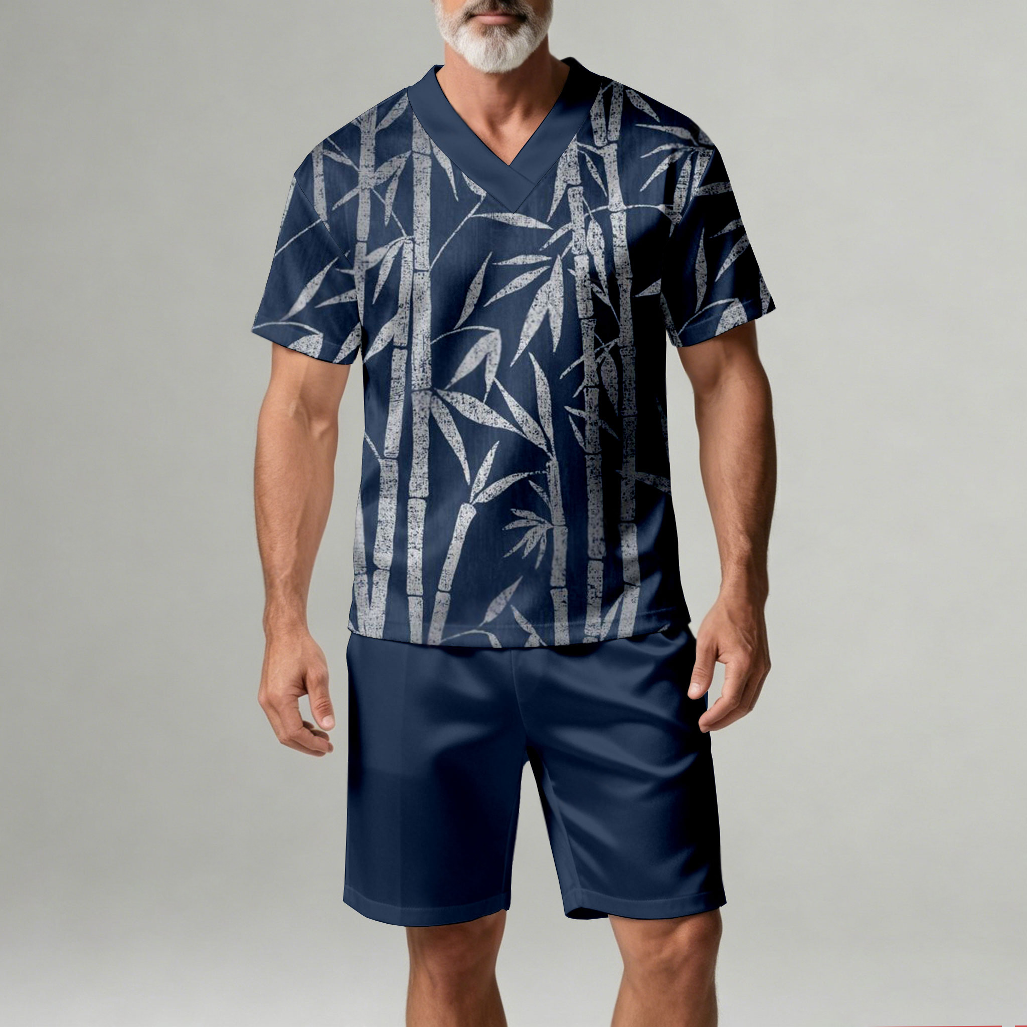 Conjunto de dos piezas casual Dark Blue Bamboo Geometric estampado V-Neck de manga corta camiseta And shorts para hombre
