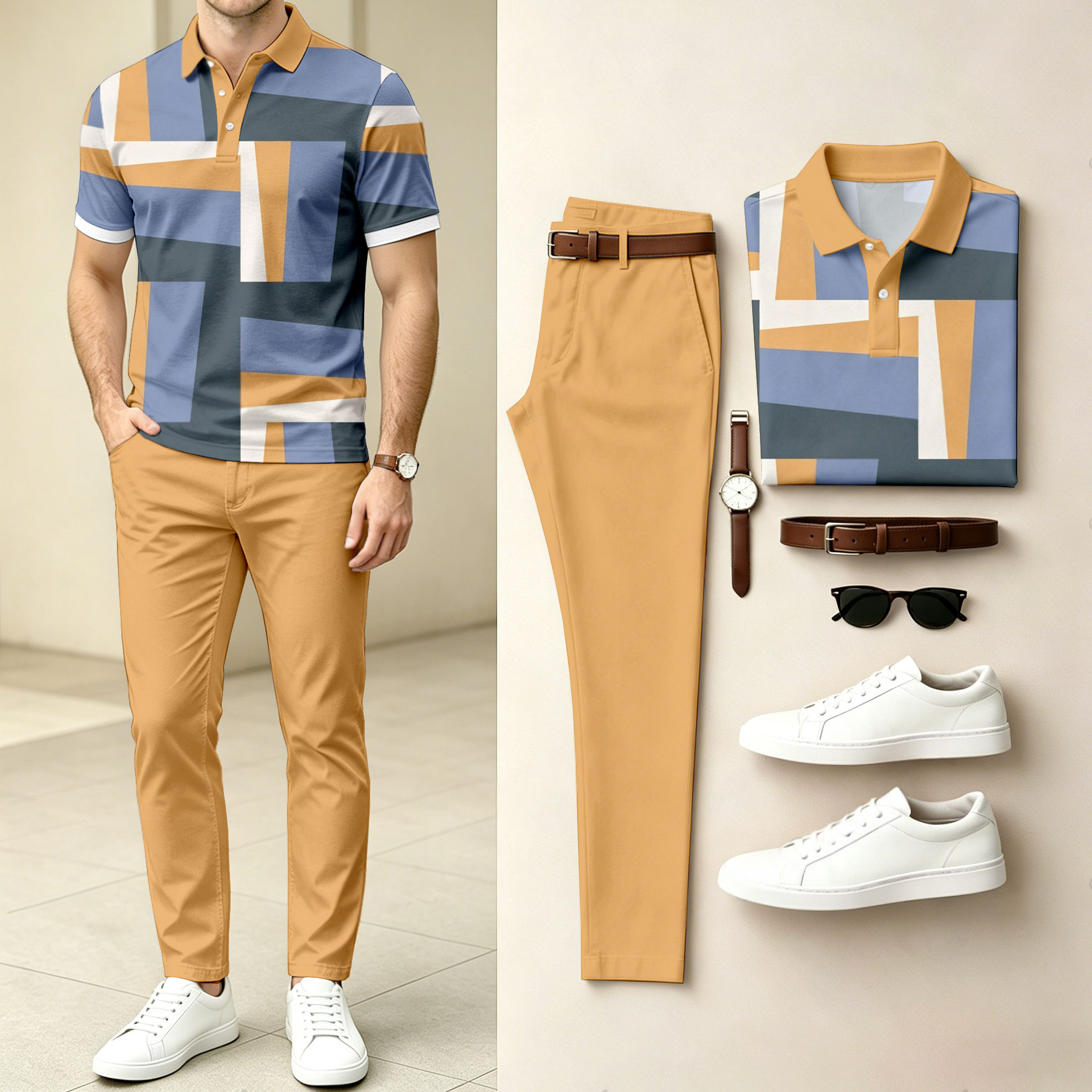 Camisa polo casual Color-Blocked estampado de manga corta And pantalón Set (Excludes Accessories Such As Watches And Belts) para hombre