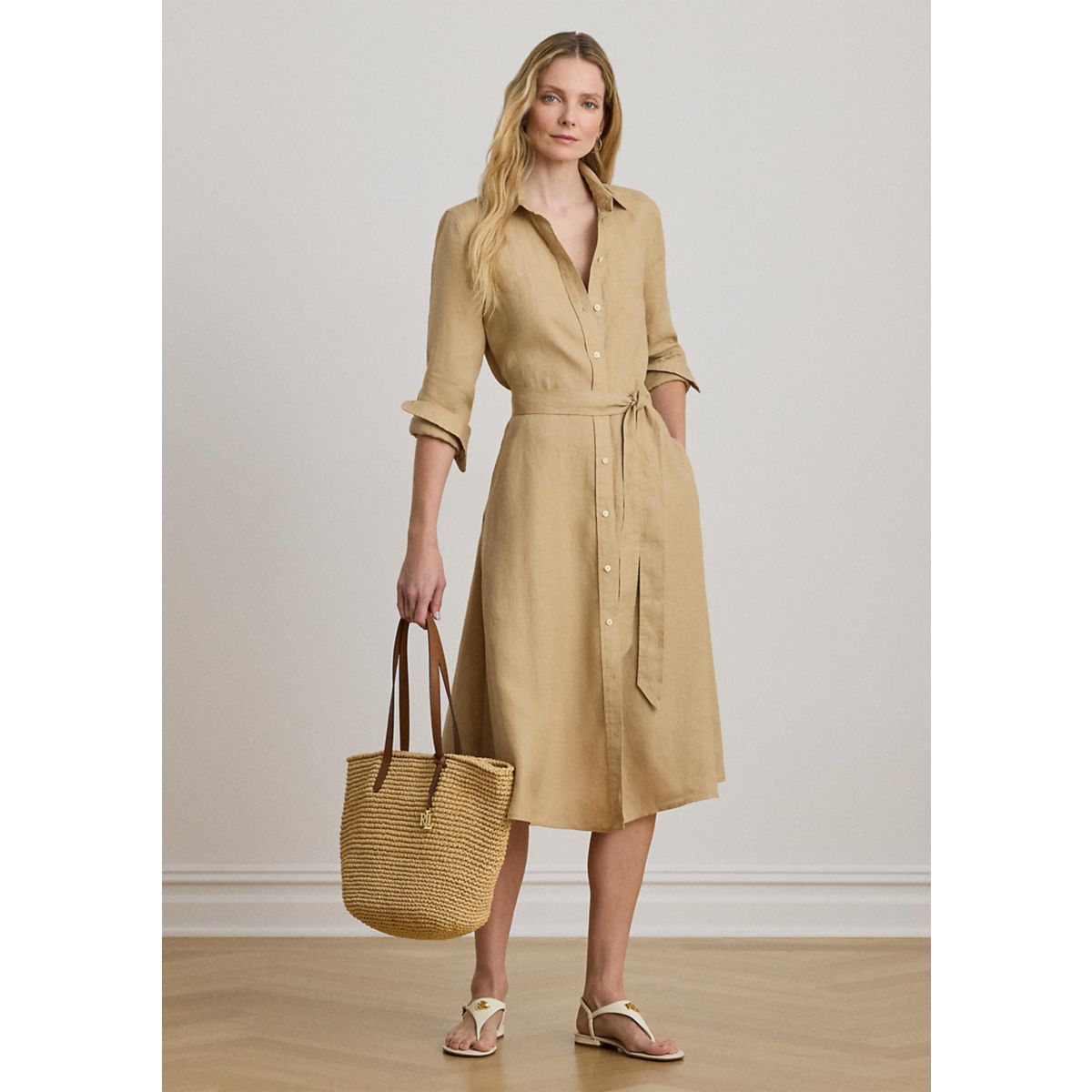 Women's Belted Linen Shirtdress - 1