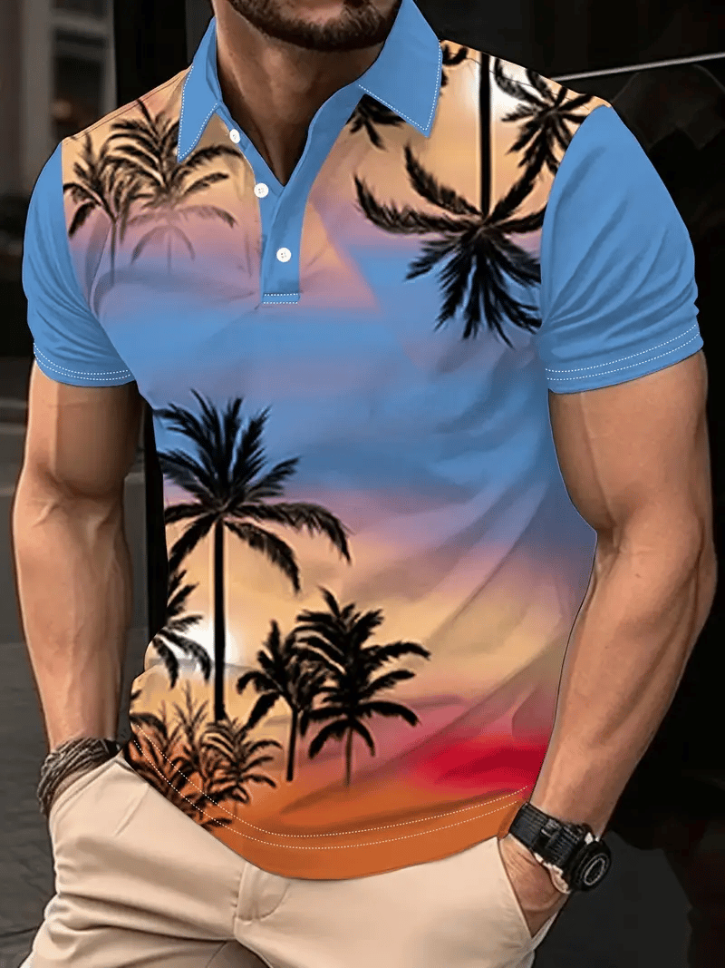 Camisa polo hawaiano Coconut Tree estampado de manga corta con botones para hombre
