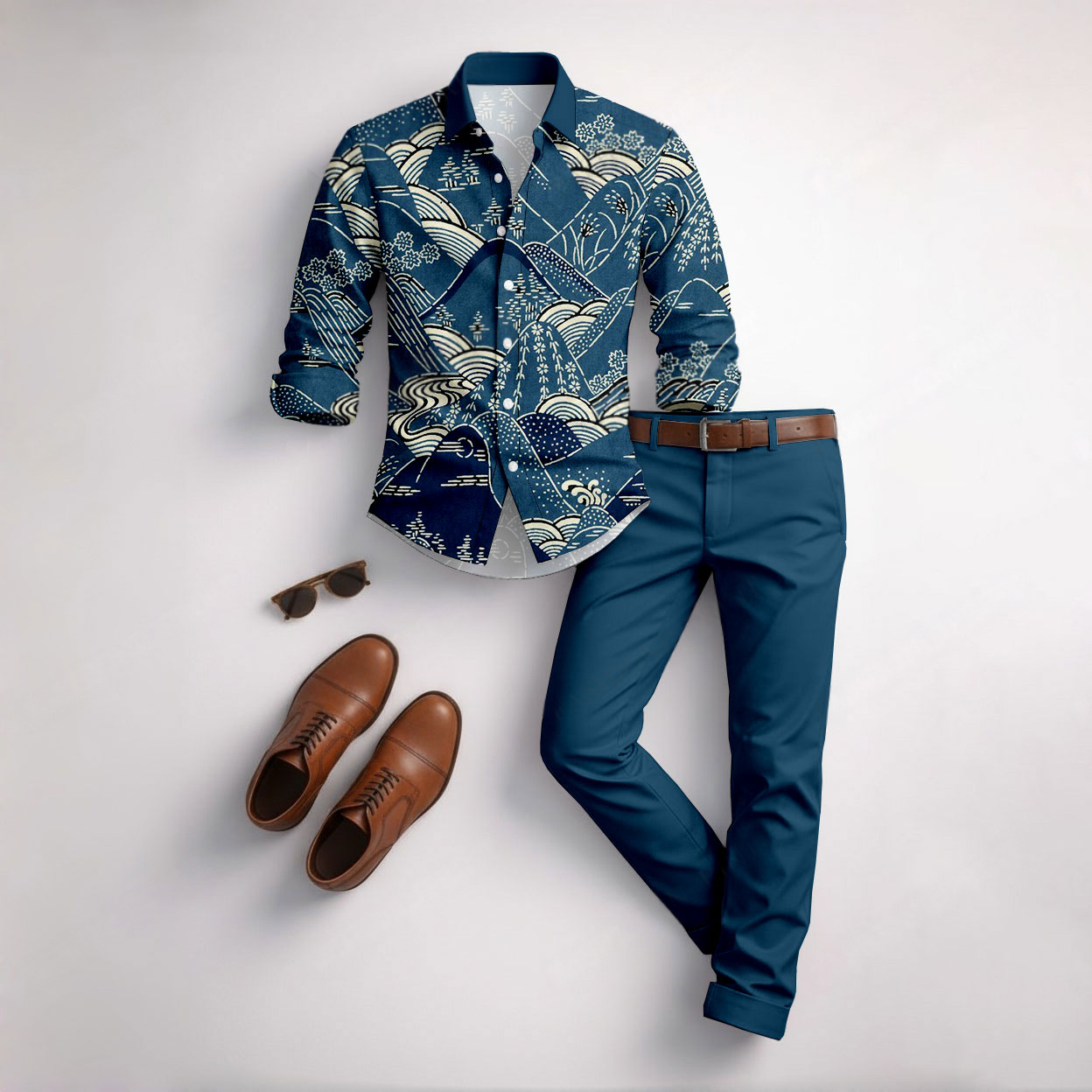 Conjunto de dos piezas casual Blue-Green Color Matching Geometric estampado de manga larga camisa & Trousers para hombre
