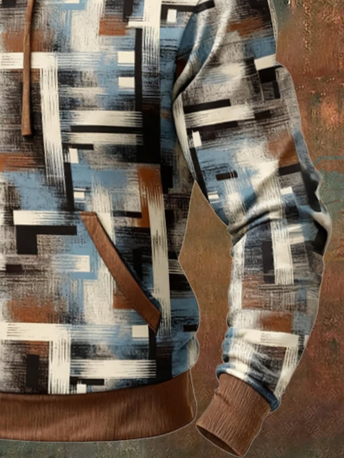 Sudadera retro desgastado en bloques de color estampado casual Fur cuello de manga larga para hombre
