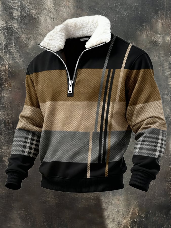 Sudadera retro en bloques de color estampado casual Fur cuello para hombre