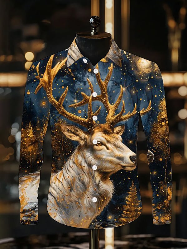 Camisa Christmas Elk Light de lujo solapa de manga larga para hombre