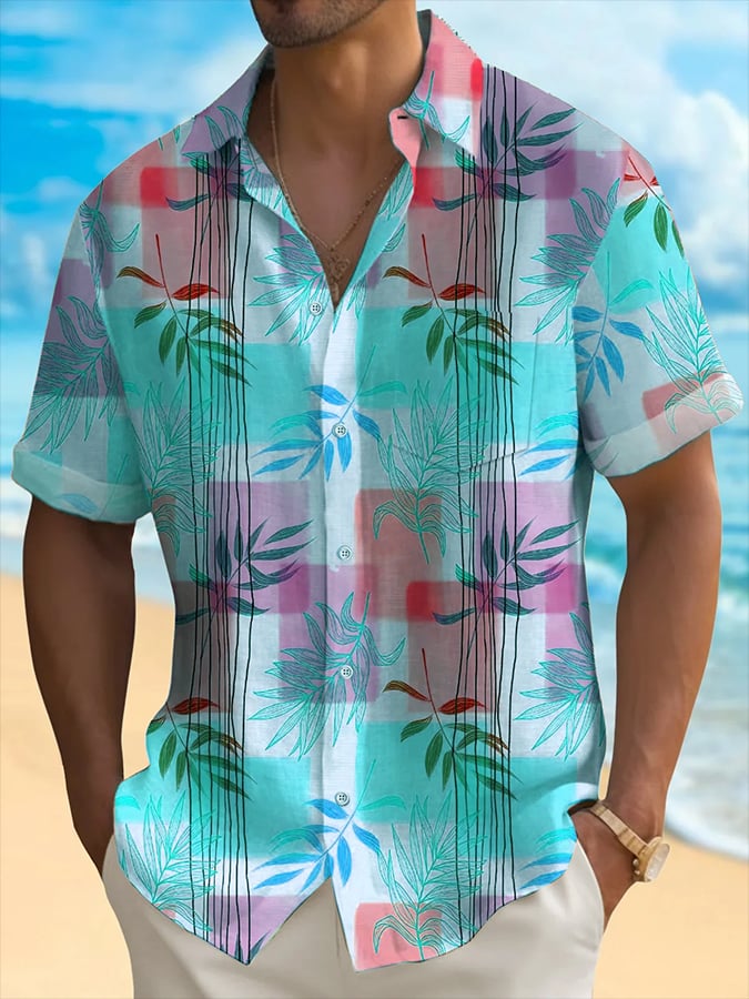 para hombre Hawaiian Leaf Print de manga corta Pockets camisa