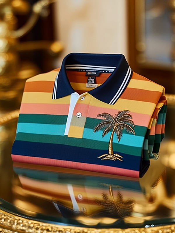 Camisa polo vintage ejecutivo Coconut Tree Logo rayas estampado de manga larga para hombre