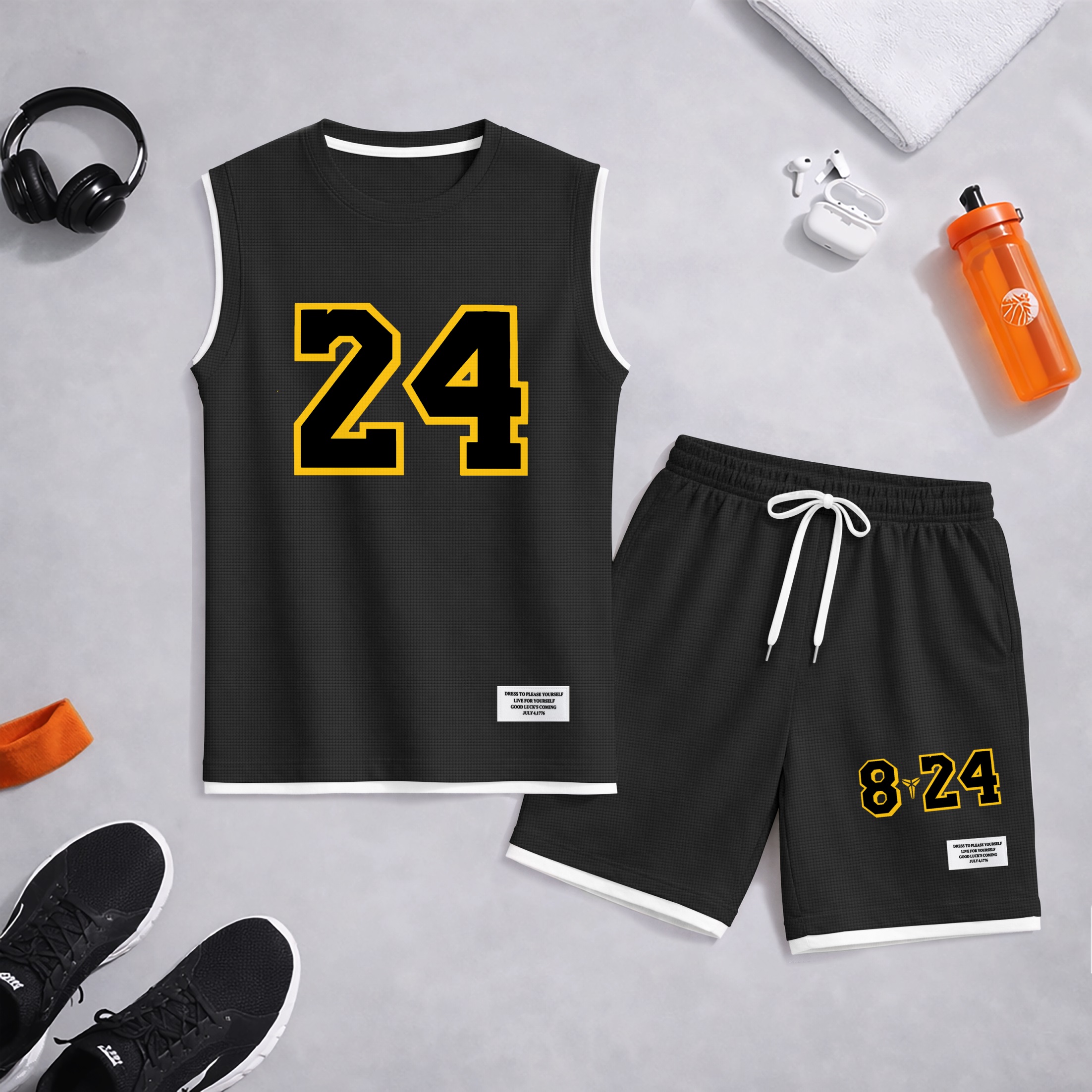 Shorts Number 24 Graphic estampado Summer Set Sleeveless Tank Top & Matching Outfit, Basketball Style Double Number estampado Lightweight casual Streetwear Athletic Set for Everyday & para trabajoout para hombre