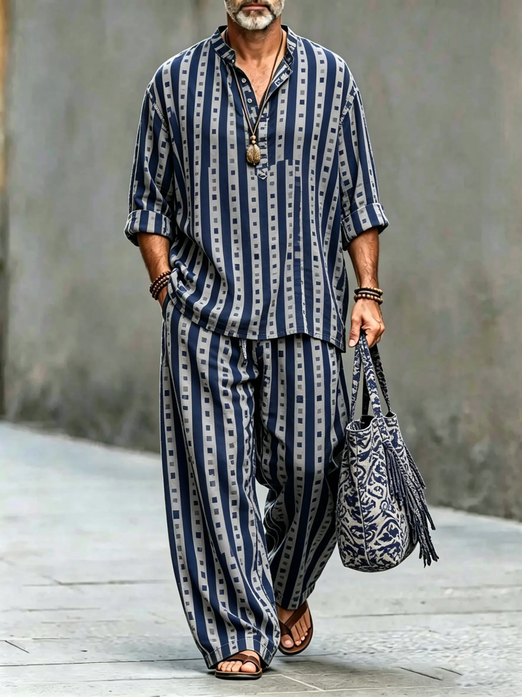 para hombre vintage Abstract Art estampado de algodón camisa Set (Top & pantalón)