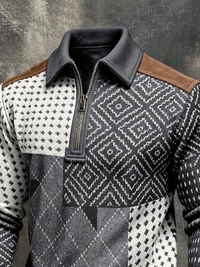 Sudadera retro en bloques de color estampado Color-Blocked con cierre para hombre