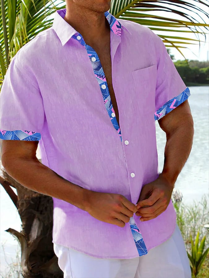 Camisa Resort Style Contrast estampado casual de manga corta para hombre