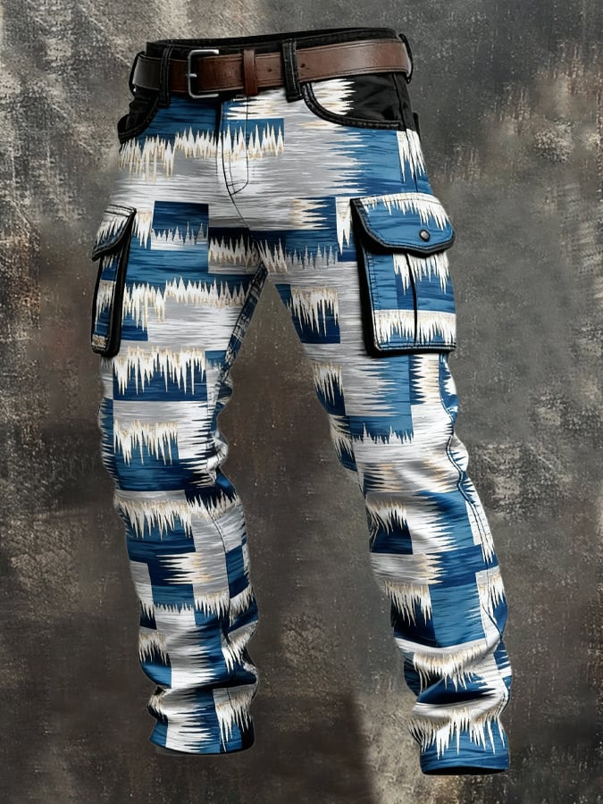 Pantalón retro en bloques de color desgastado bolsillo Cargo para hombre