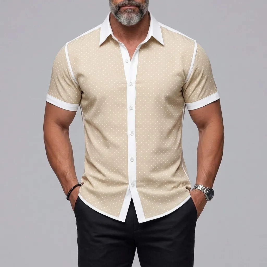 Camisa vintage Polka Dot estampado Button-Up Slim de manga corta para hombre