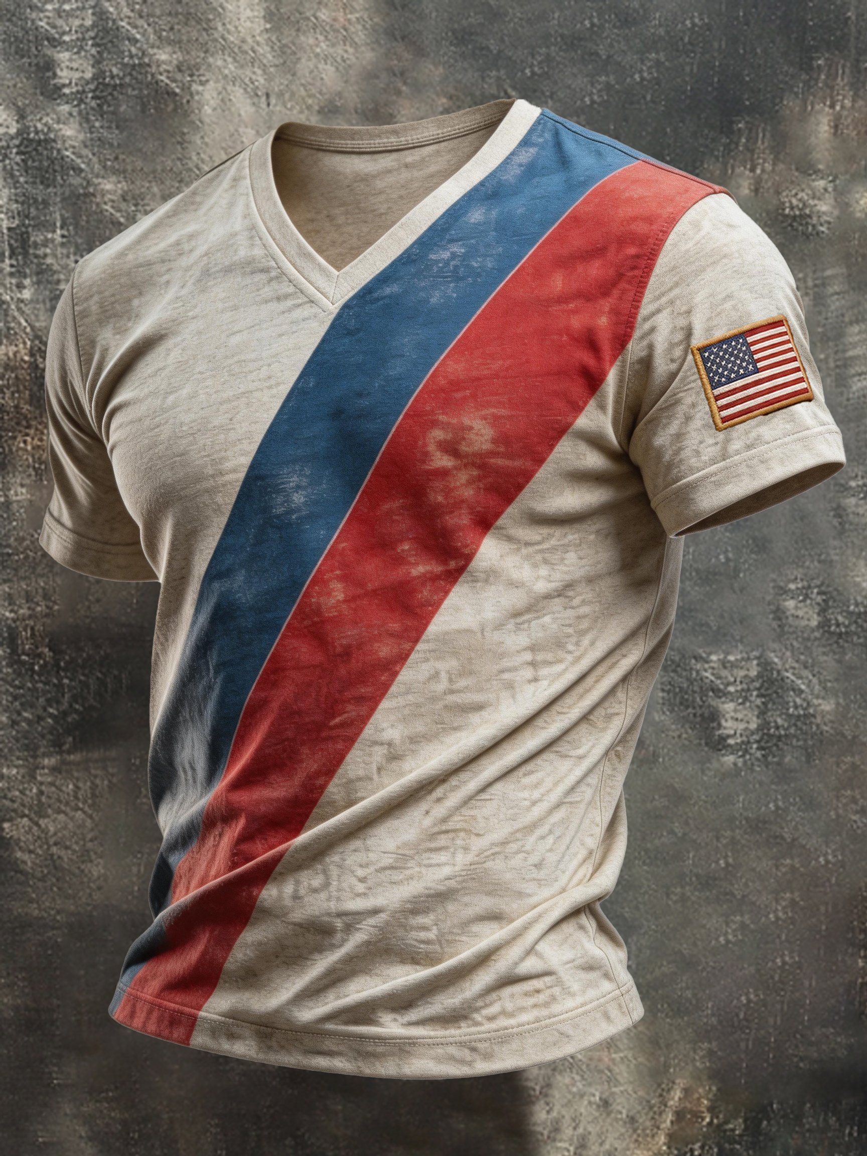 Camiseta retro Patriotic Color-Block V-Neck de manga corta para hombre