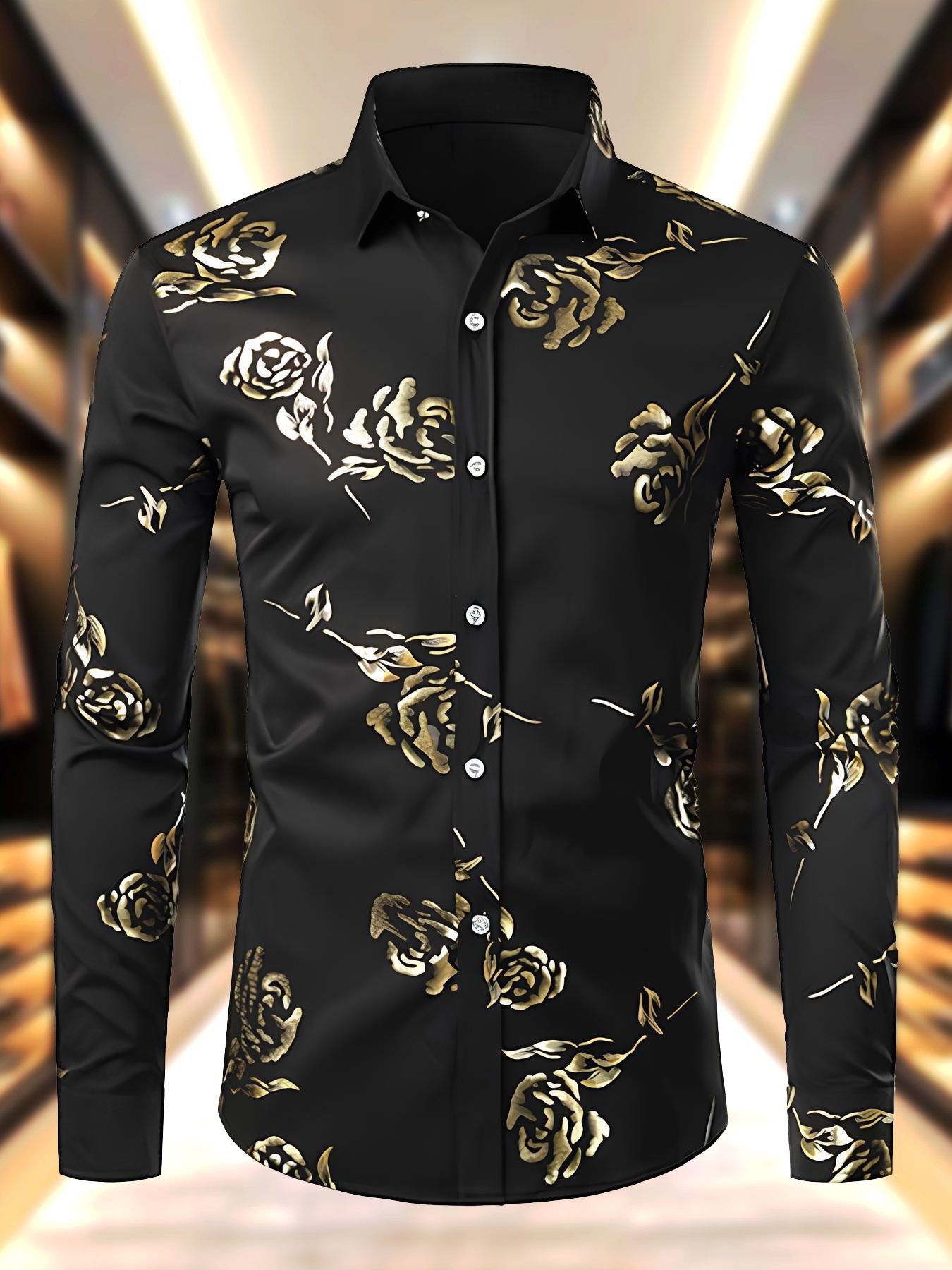 Camisa satén Luxe floral de manga larga con botones para hombre