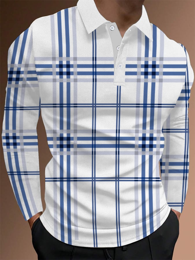 Camisa polo a cuadros ejecutivo casual de manga larga para hombre