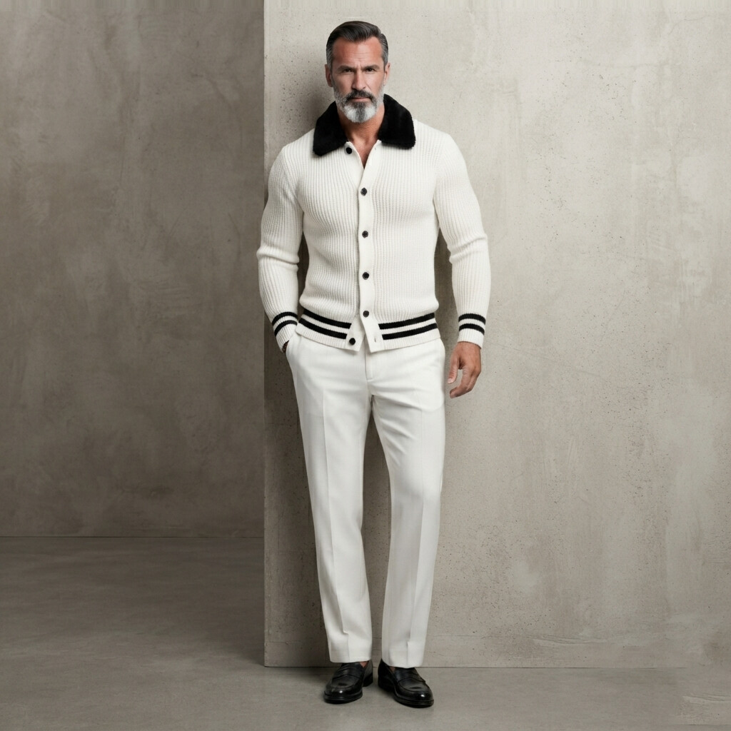 para hombre White Ribbed tejido Contrast Fuzzy Collar a rayas Trim Single Breasted Cardigan