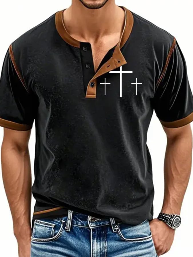 Camiseta Faith “Goat God Over All Things�?estampado Henley Neck para hombre
