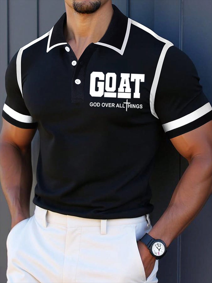 Camisa polo retro Faith “Goat God Over All Things” casual estampado para hombre