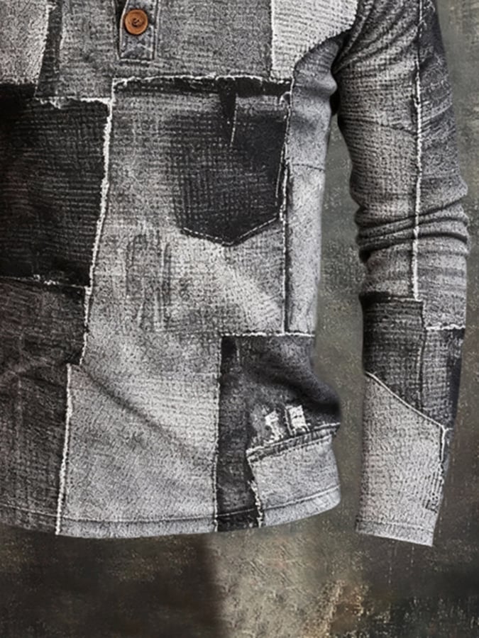 Camiseta retro Stitching Contrast Color Henley cuello de manga larga para hombre