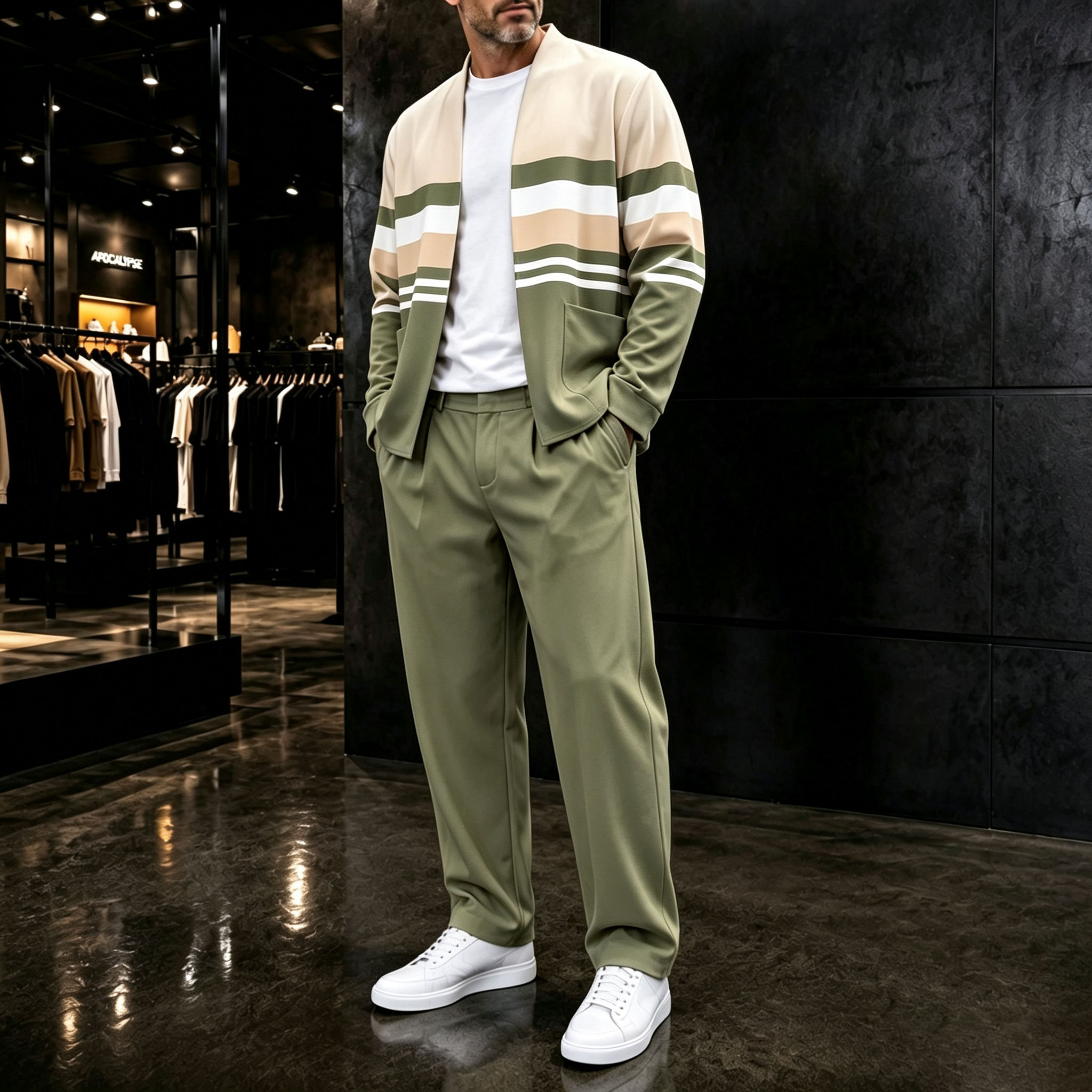 para hombre a rayas Cardigan and pantalón conjunto de dos piezas
