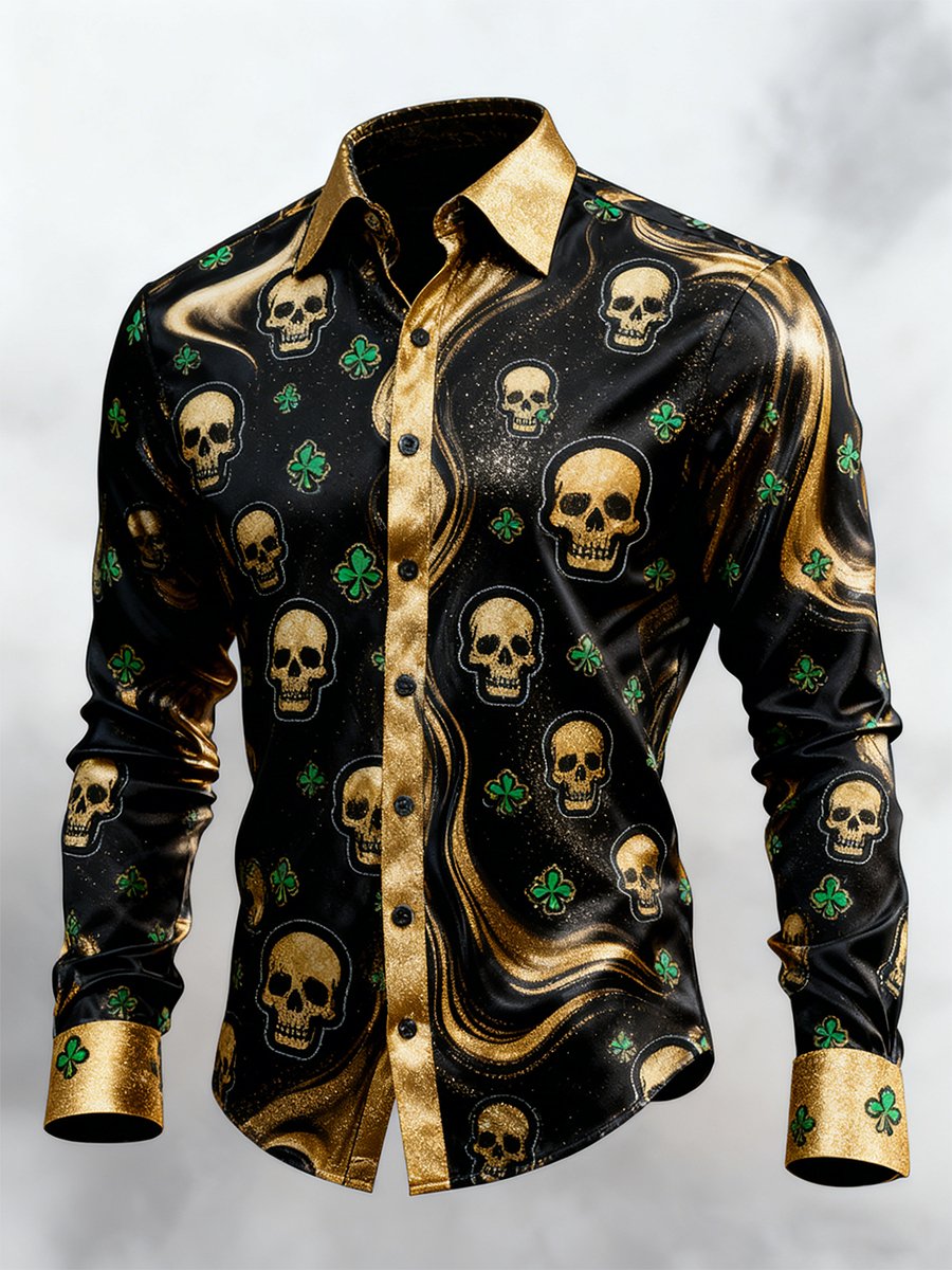 Camisa retro St. Patrick's Day Skull de manga larga para hombre