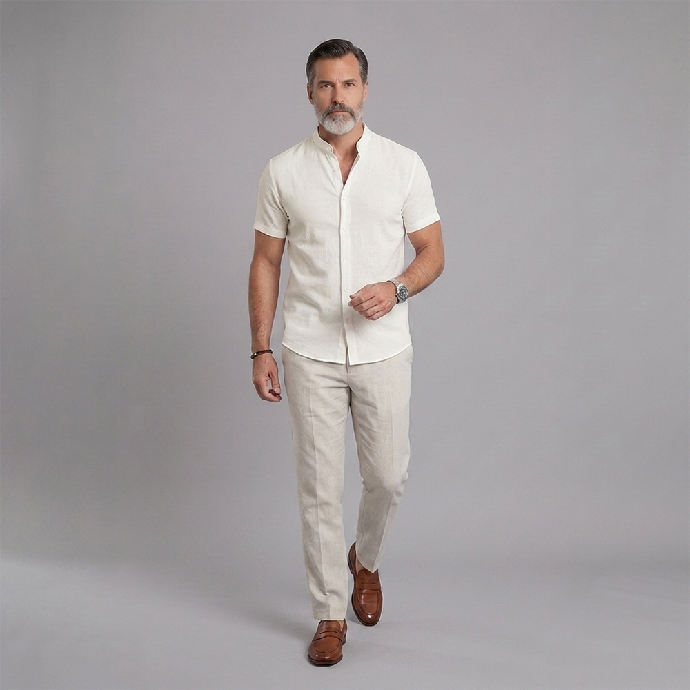 Camisa de manga corta with Stand-Up Collar: Lightweight, transpirable, and Textured para hombre