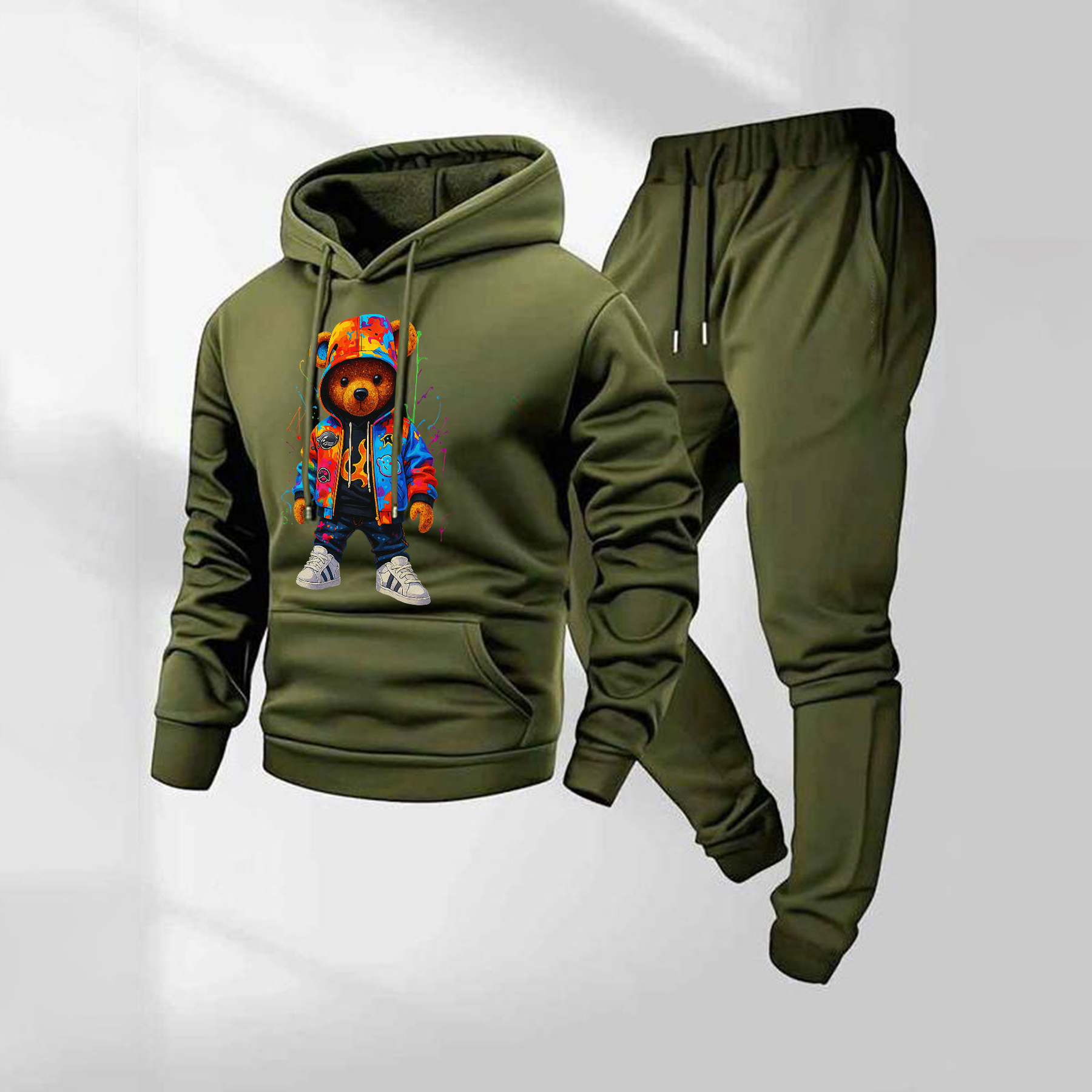Sudadera con capucha Ink Splatter Cartoon Bear Patterned And Drawstring Track pantalón Set, casual Athletic de manga larga Hooded chaqueta And pantalón, Suitable For Fall And Winter, Street Style sudadera con capucha Set, Indoor And para exterior Sportswear, para hombre