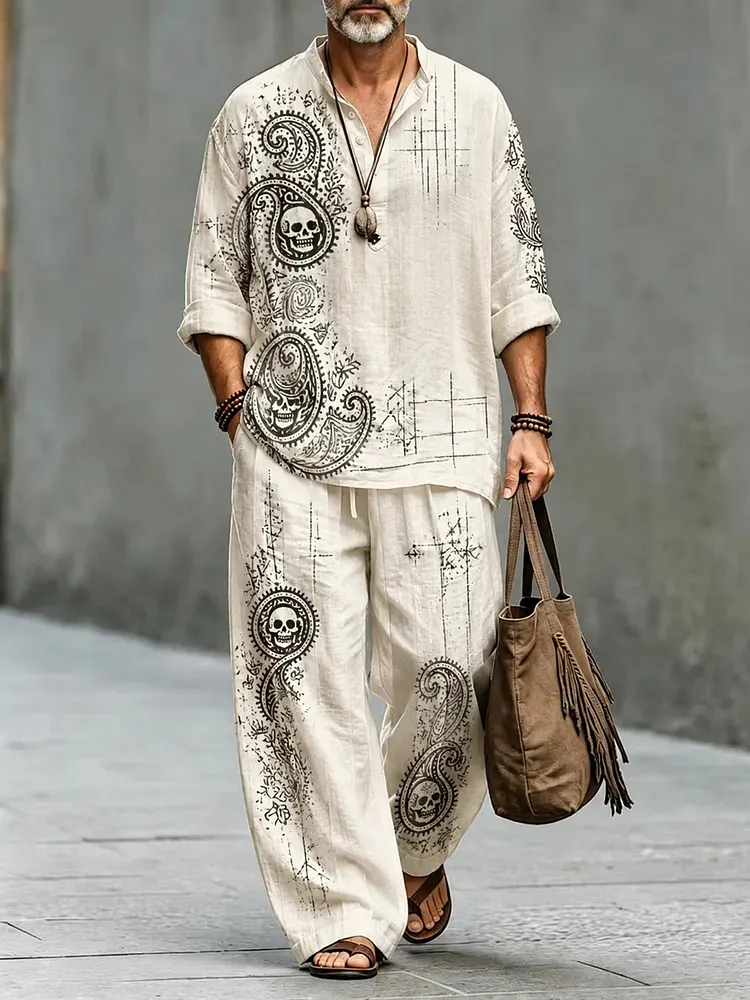 para hombre retro Paisley Skull Pattern Half Button de manga larga camisa pantalón 2pcs Set