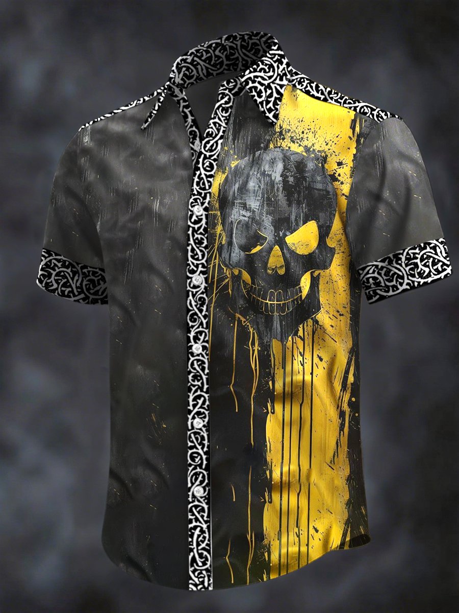 Camisa retro Horror Skull estampado solapa de manga corta para hombre