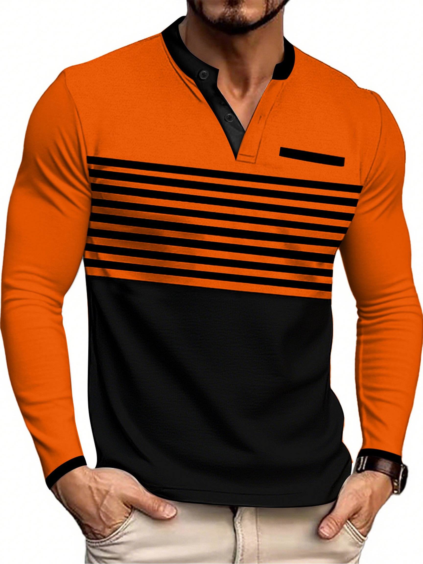 Camiseta casual Color-Block Patchpara trabajo Henley Neck de manga larga para hombre