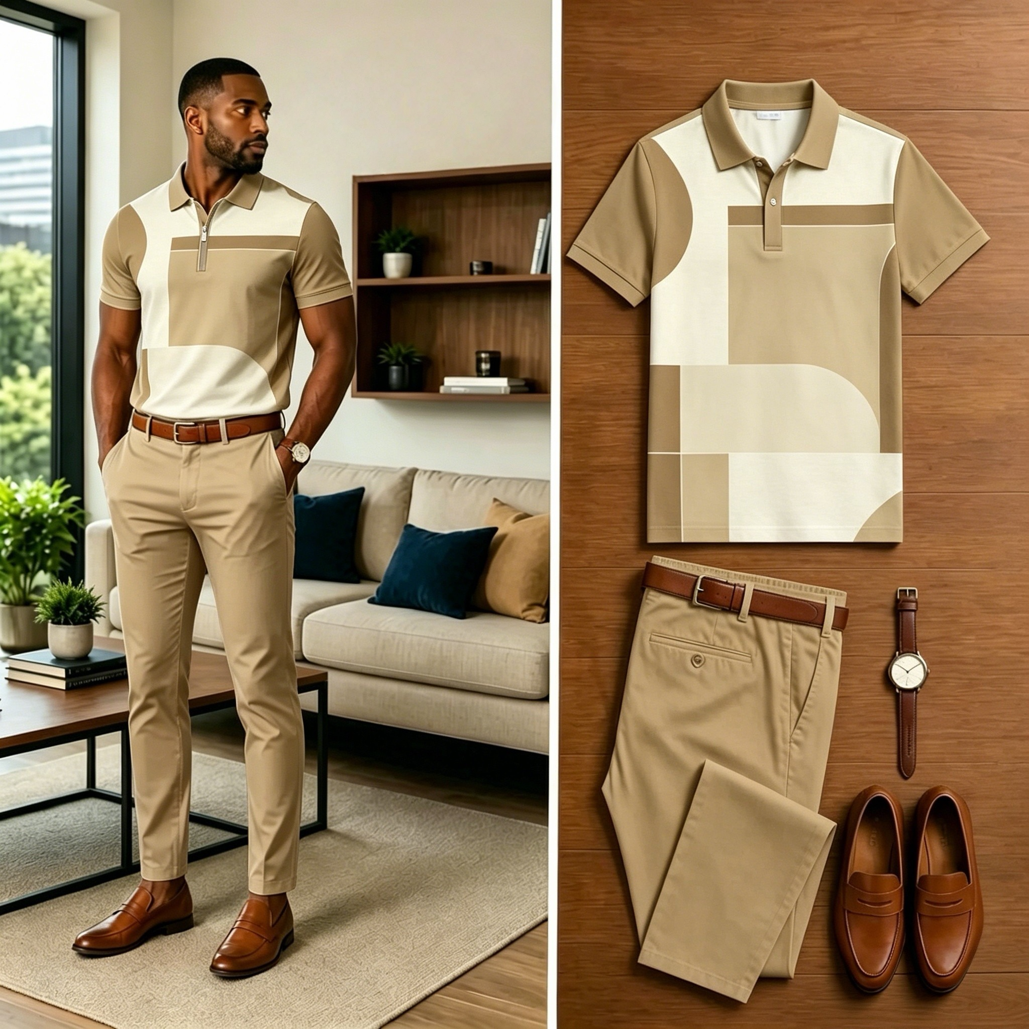 Conjunto de dos piezas casual en bloques de color Patchpara trabajo estampado camisa polo And pantalón para hombre