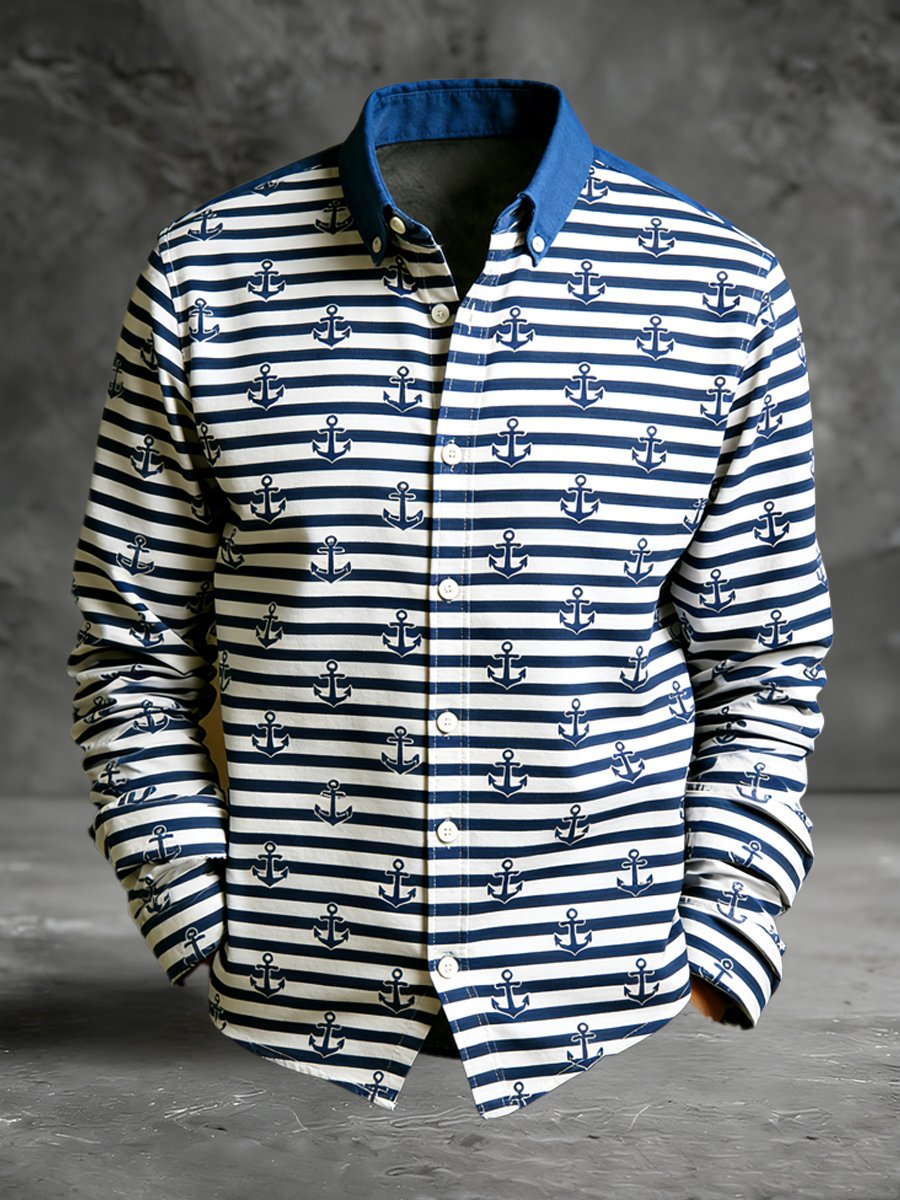 Camisa vintage commemorative navy estampado de manga larga para hombre