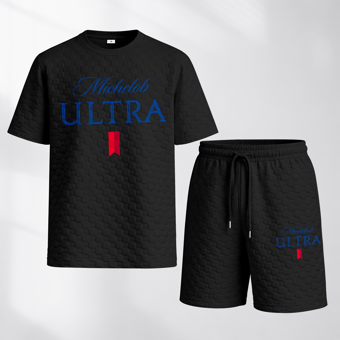 Camisa Spring/Summer Drawstring shorts Set featuring Beverage-estampado a cuadros Fabric—A casual summer ensemble comprising a de manga corta and shorts, ideal for both para uso diario wear and athletic activities para hombre