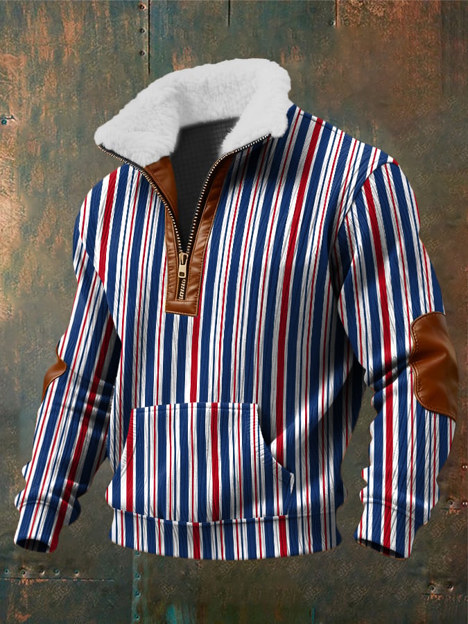 Sudadera retro Abstract Art estampado cierreed Fur cuello bolsillo Patchpara trabajo de manga larga para hombre