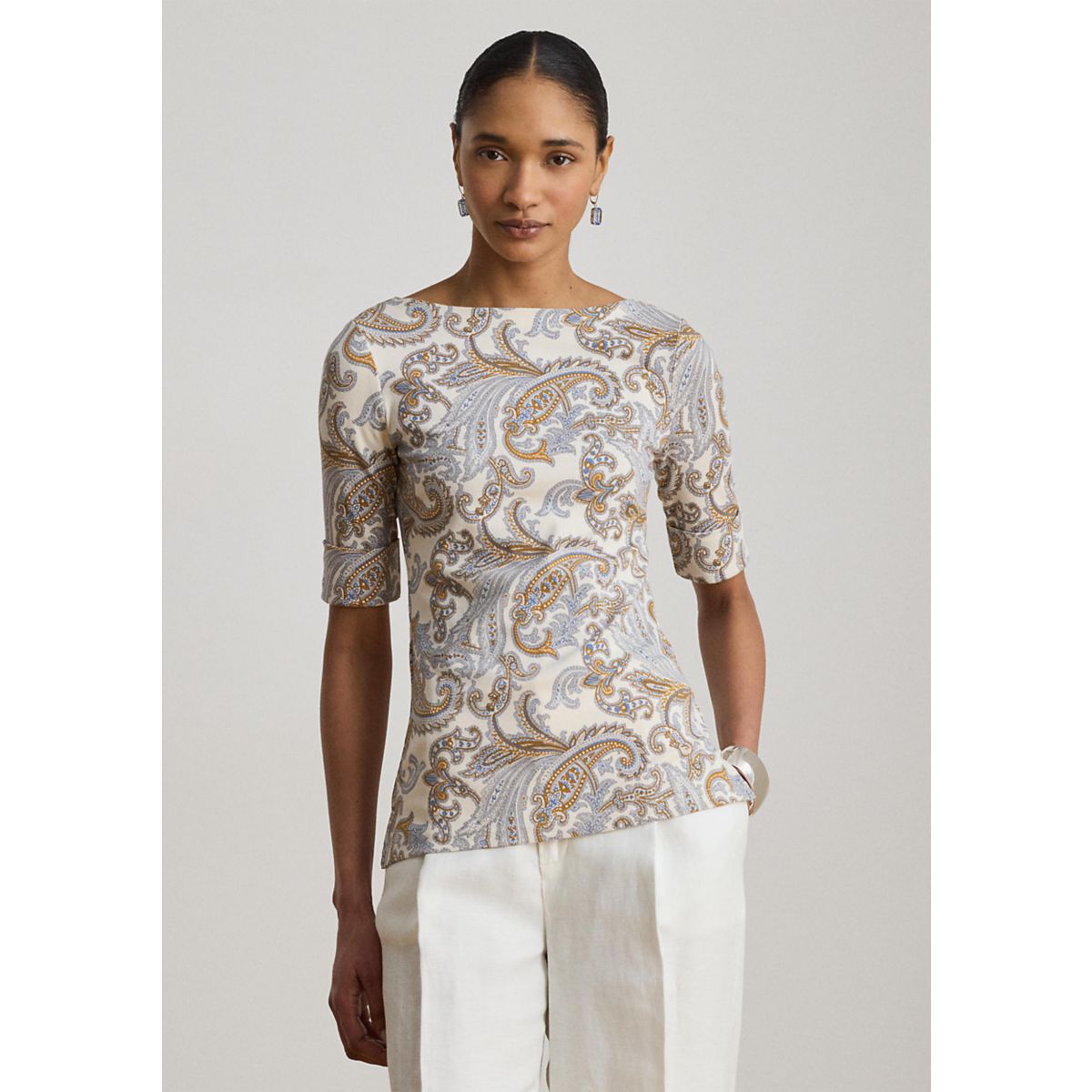 Women's Paisley Stretch Cotton Boatneck Tee - 1