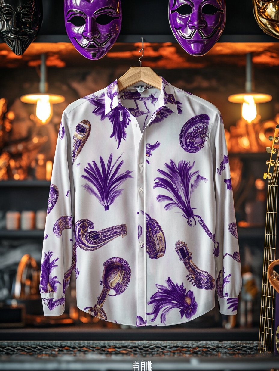 Camisa Purple Mardi Gras Theme de lujo de manga larga para hombre