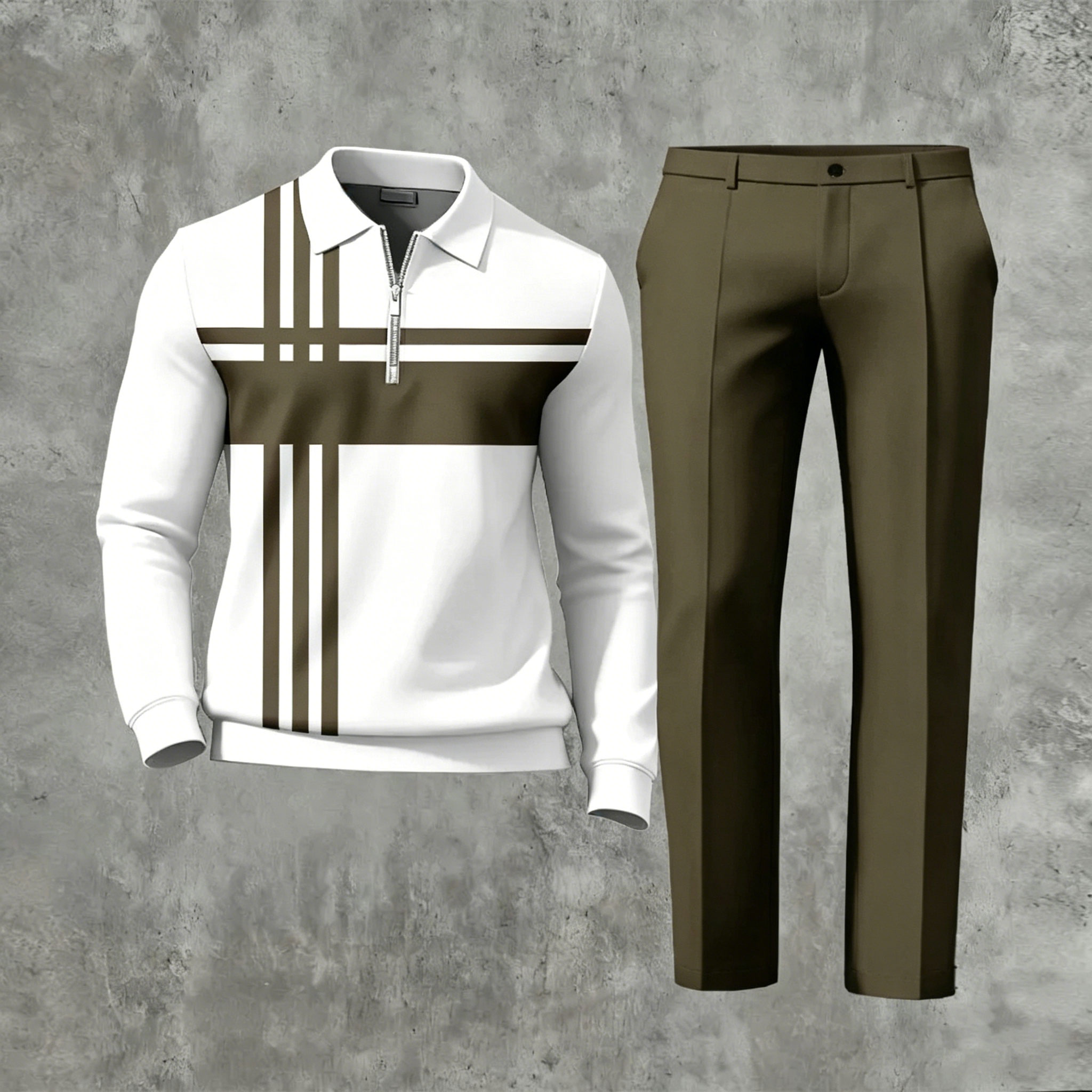 Conjunto de dos piezas casual Dark Blue Geometric estampado de manga larga And pantalón para hombre