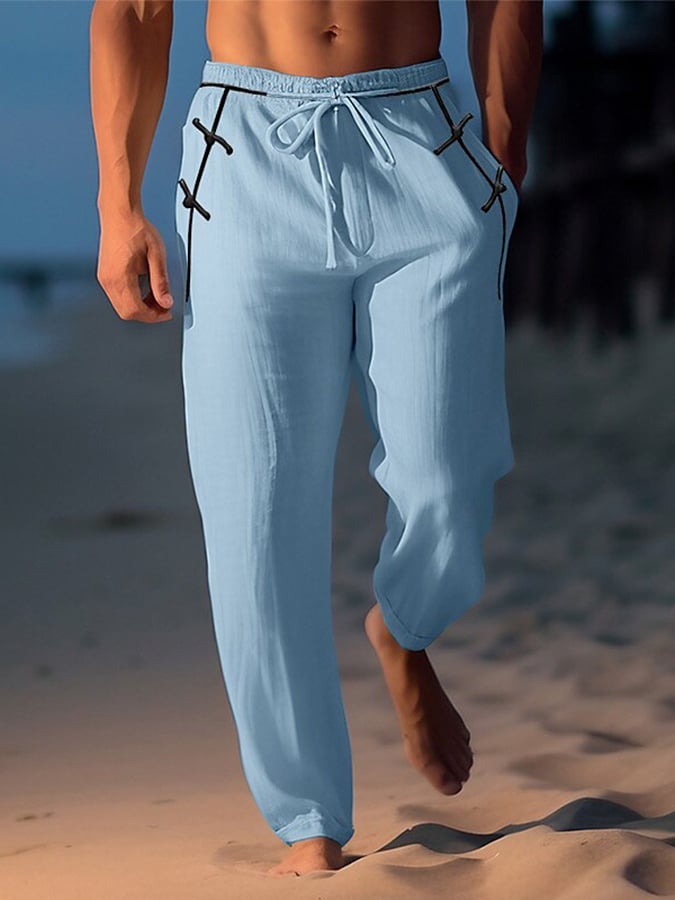 Pantalón retro de color sólido Design Elastic Waist Lace-Up casual para hombre