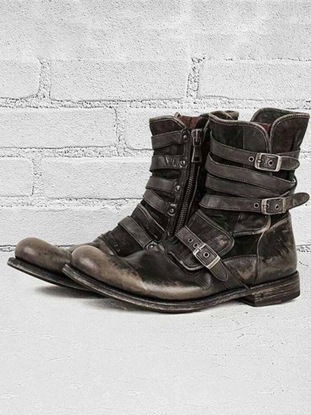 Botas retro round head cinturón buckle side cierre thick heel casual para hombre
