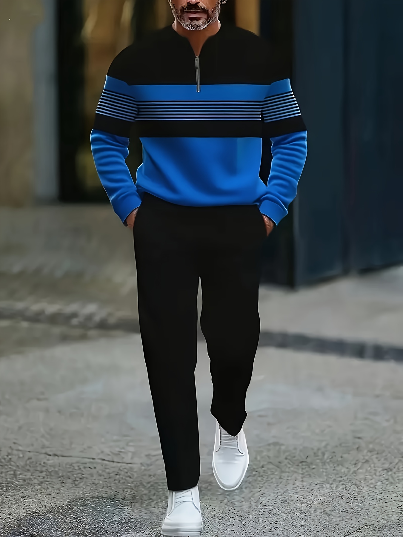Conjunto de dos piezas casual Color Matching estampado Round-Neck Zipper de manga larga Trousers 1103 para hombre