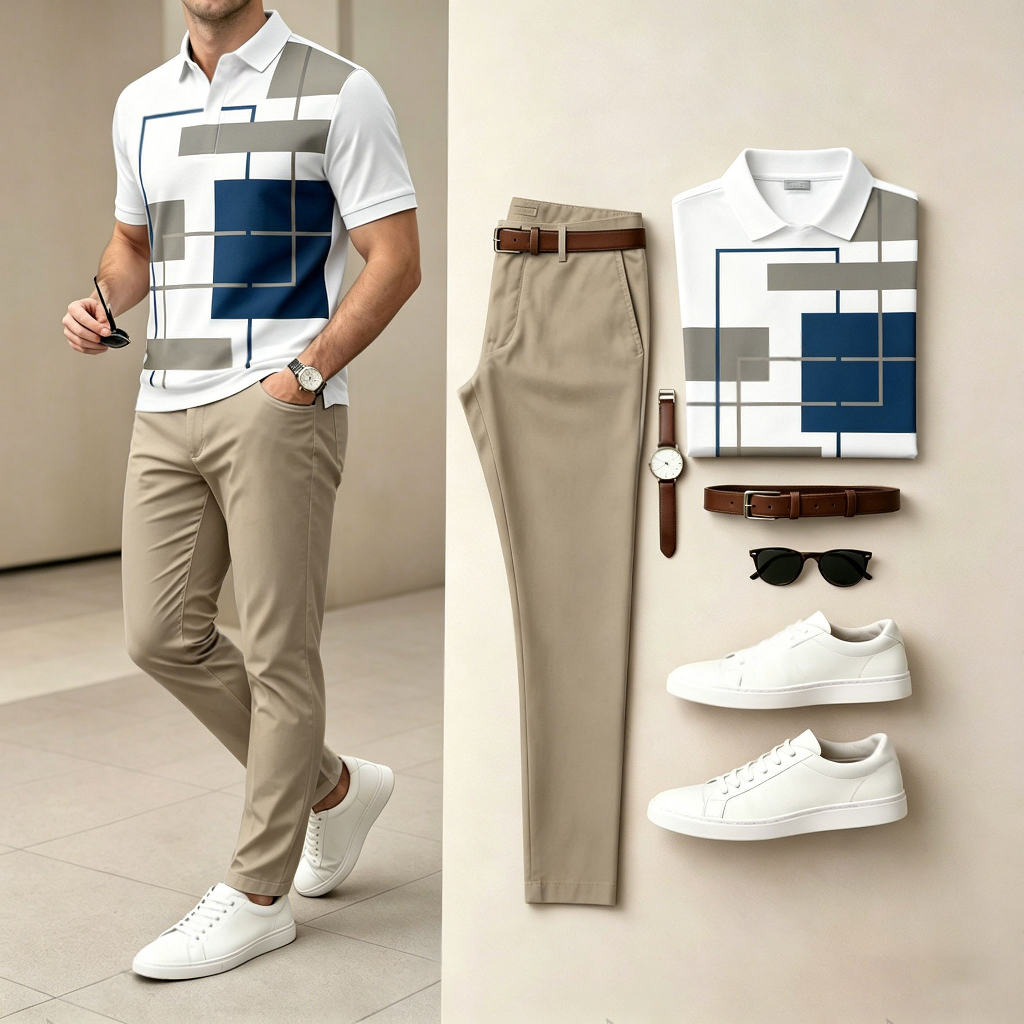 Conjunto de dos piezas casual Navy Blue Geometric estampado camisa polo And pantalón para hombre