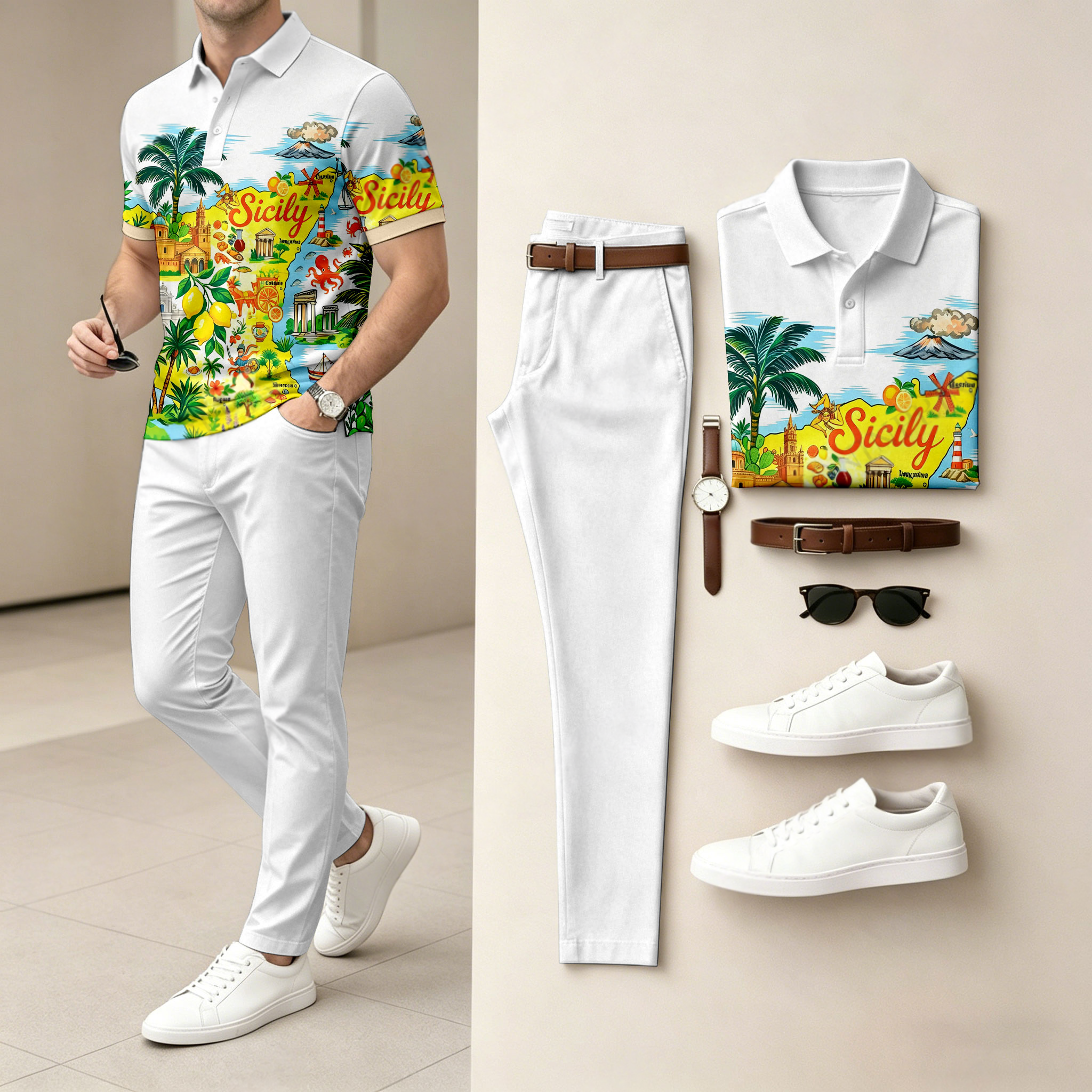 Camisa polo casual Island-estampado de manga corta And Trousers Set (Excludes Accessories Such As Watches And Belts) para hombre