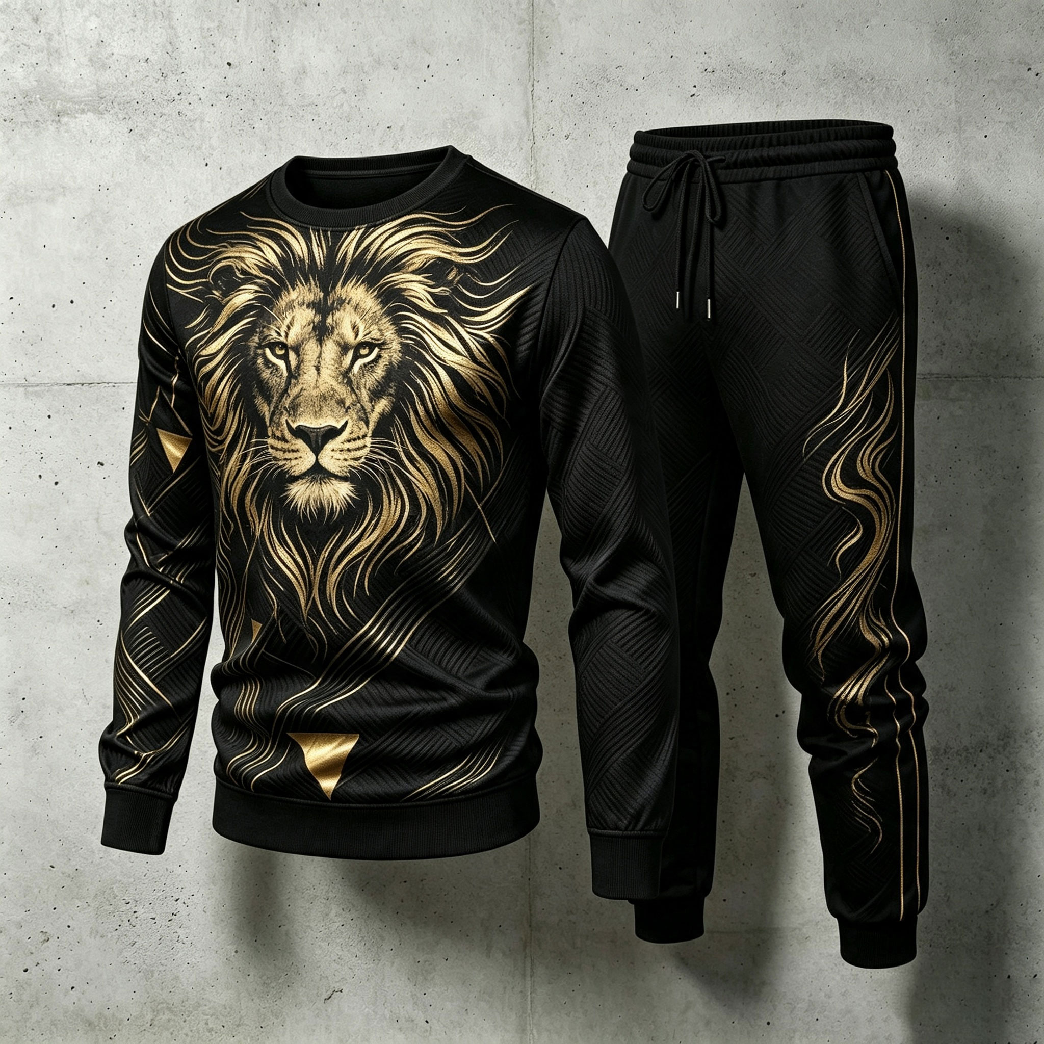 para hombre Black Crew-Neck de manga larga camisa and pantalón Set
