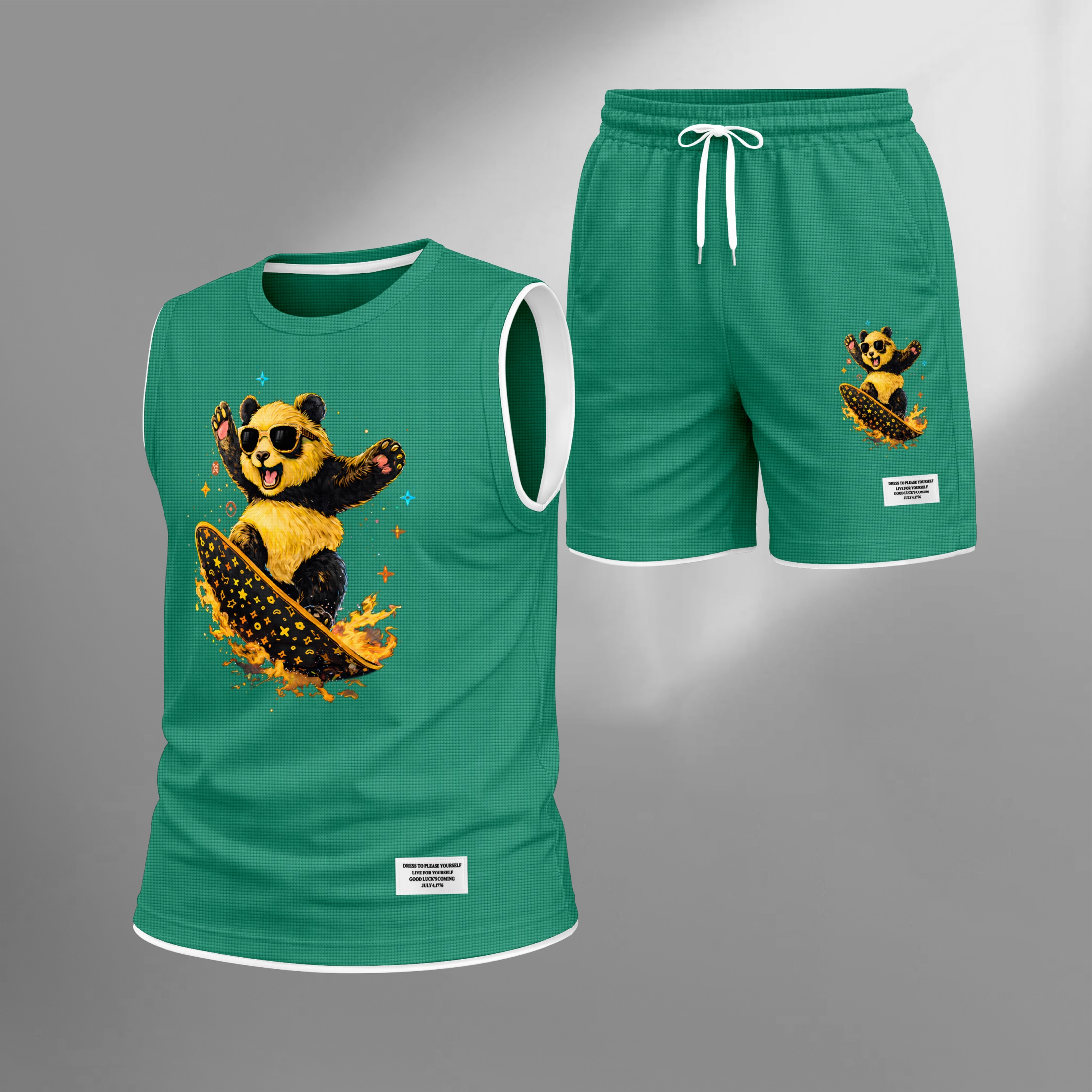 Shorts Cartoon Panda Graphic estampado Summer Set Sleeveless Tank Top & Matching Outfit, Skateboard Style Animal estampado Lightweight casual Streetwear Athletic Set for Everyday & Holiday para hombre