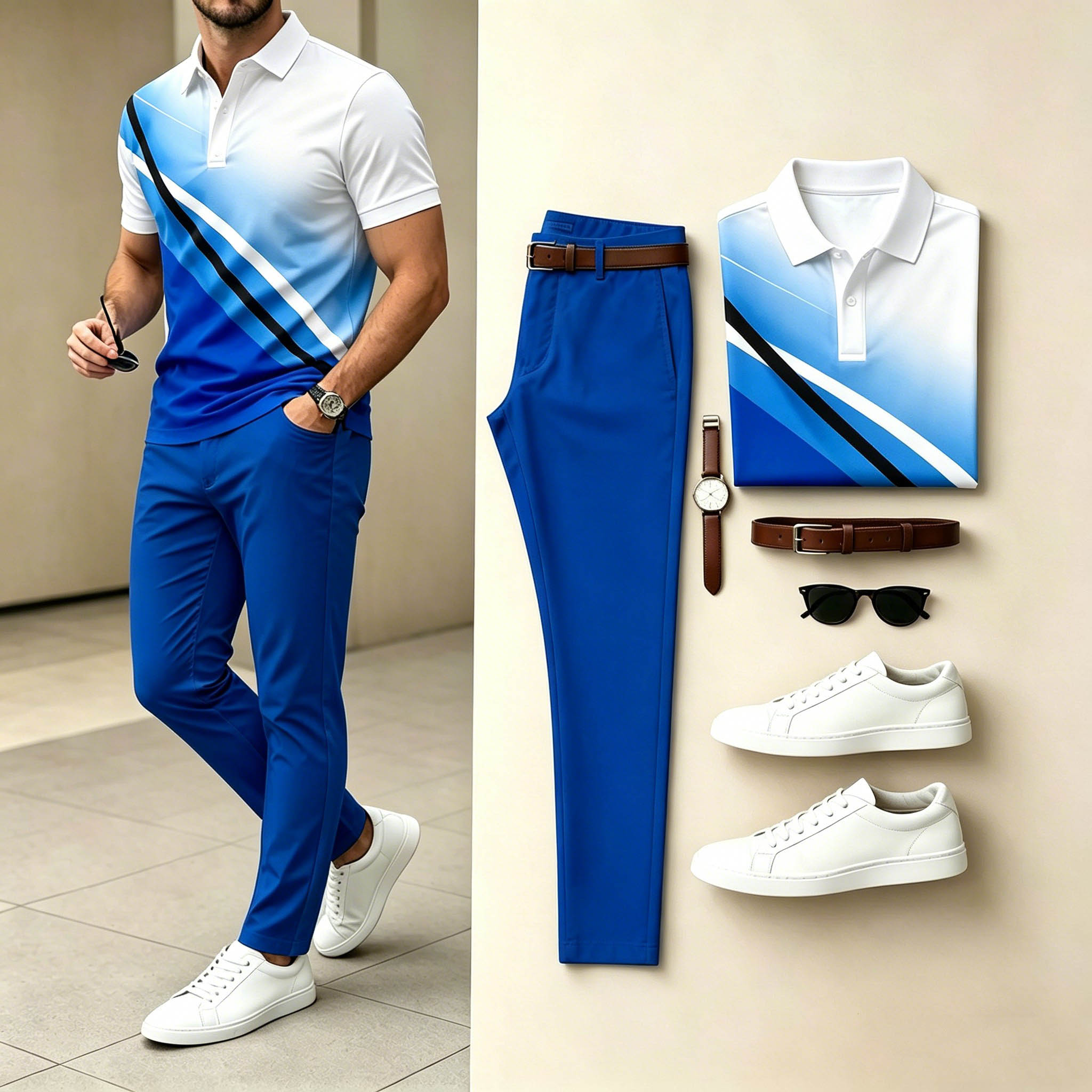 Conjunto de dos piezas casual Blue White Diagonal Gradient estampado camisa polo & Bright Blue pantalón para hombre