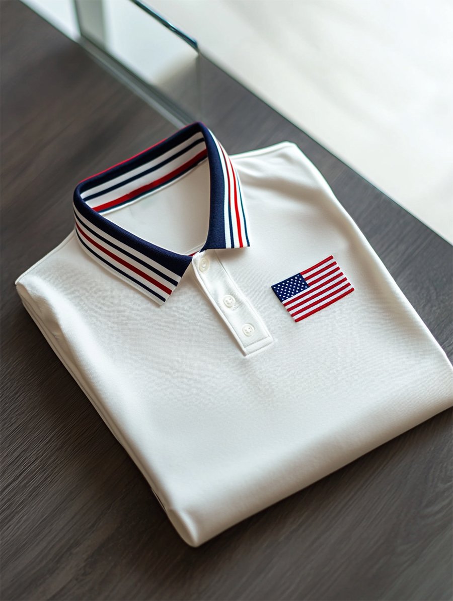 Camisa polo ejecutivo casual Independence Day a rayas Button de manga corta para hombre